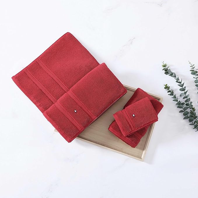 Tommy Hilfiger - Bath Towels, 100% Soft & Absorbent Plush Cotton with Zero Twist Constructions, Quick Dry and Medium Weight Bathroom Towels (Harborside Solid Red, 6 Piece)