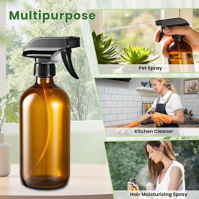 Supercenter Glass Spray Bottles, Amber Glass Spray Bottles, 16oz, Adjustable Nozzle for Stream and Spray, Reusable, for Essential Oils, Cleaning Products, Detergents(2PS)