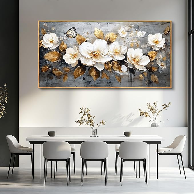 FUHAIHUA Large Wood Framed Wall Decor For Living Room Canvas Wall Art For Office Modern Wall Decorations For Bedroom White Flower Painting Farmhouse Pictures Artwork Room Home Decor 24x48 In