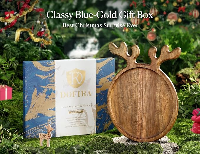 Acacia Wood Christmas Serving Platter with Antler Handle, 8"×10" Round Wooden Food Dish Plate, Decorative Charcuterie Board for Cheese Bread, Christmas Platter for Housewarming Decro Wedding