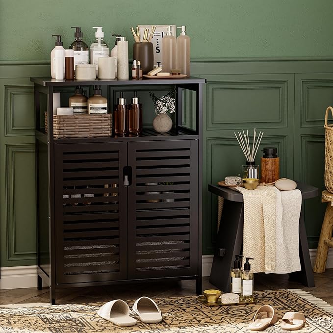 HITNET Black Bathroom Storage Cabinet, Freestanding Bamboo Floor Cabinet 4 Tier Tall Kitchen Cupboard with Door and Shelves