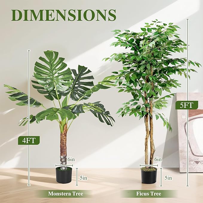 VECELO 2 Pack Fake Plants, Artificial Greenery Ficus Tree 5FT and Monstera Tree 4FT, Large Floor Plants for Home Decor, Indoor, Office, Living Room