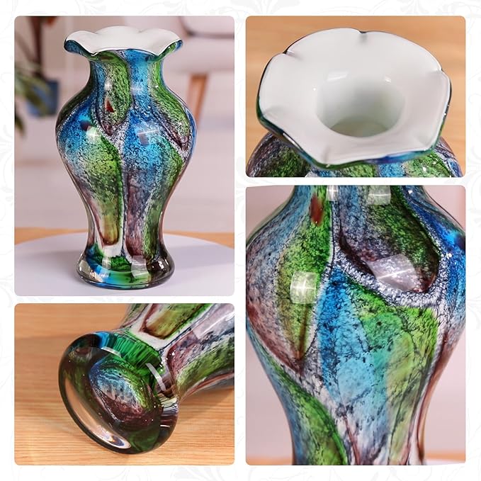 KAMMAK Colored Glass Vase, Beautiful Hand Blown Decorative Vase, Modern Art Vase for Flower Mantle Dining Table Centerpiece, Entryway Living Room Wedding Decoration, FH010