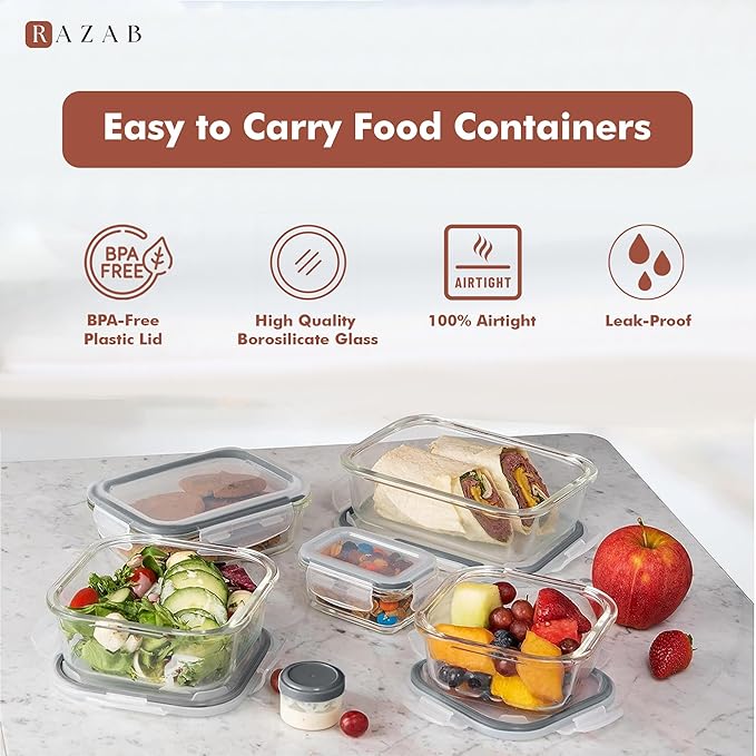 Razab 35 Pc Set Glass Food Storage Containers with Lids - Meal Prep Airtight Bento Boxes BPA-Free 100% Leak Proof (15 lids,15 glass & 5 Plastic Sauce/Dip Containers)