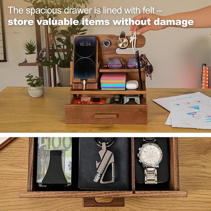 TESLYAR Wood Phone Docking Station with Drawer - Nightstand Organizer - Desk Organizer for Husband - Birthday Gifts for Men, Dad, Anniversary Idea, Key Holder Stand Watch & Accessories (Desert Beige)