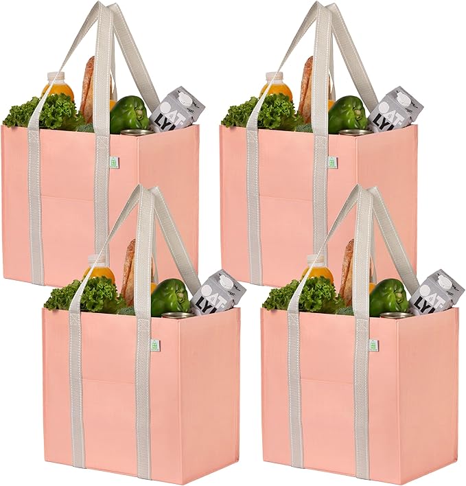 VENO 4 Pack Reusable Grocery Bags, Heavy-Duty Shopping Bags with Handles and Hard Bottom to Stand Upright, Foldable, Multi-Purpose, Sustainable (Peach Pink, 4 Pack)