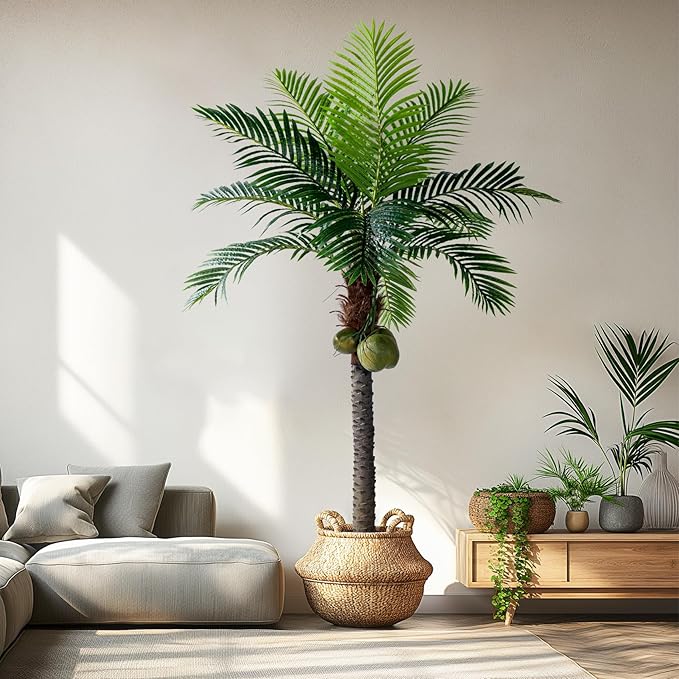 6FT Artificial Phoenix Palm Tree with Coconut Fruit Outdoor Indoor Decor Large Faux Coconut Silk Palm Tree Tropical Fake Tree Large Faux Sago Palm Plant for Home Yard Outside Patio Poolside