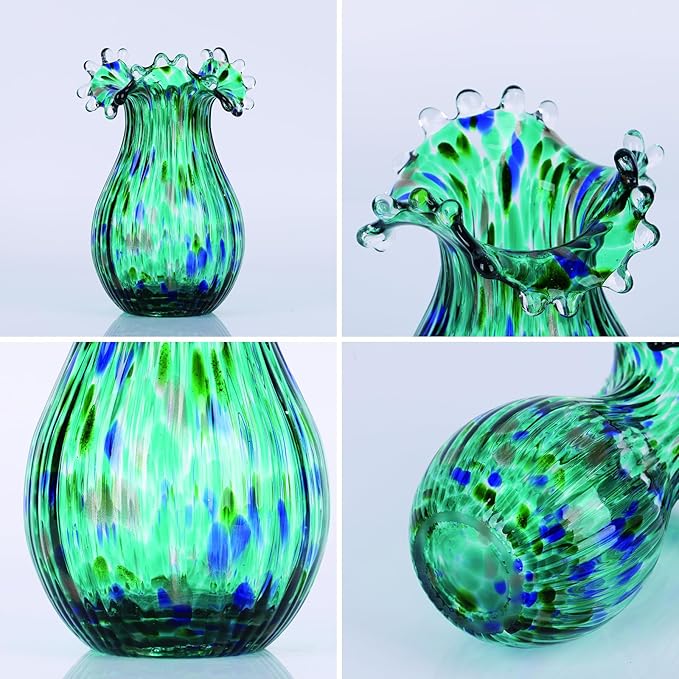 Hand Blown Green Glass vase, Decorative Wide Mouth Glass vase for Home Living Room, Fireplace Decorations, Table centerpieces, entryway Tables and Wedding Decorations.