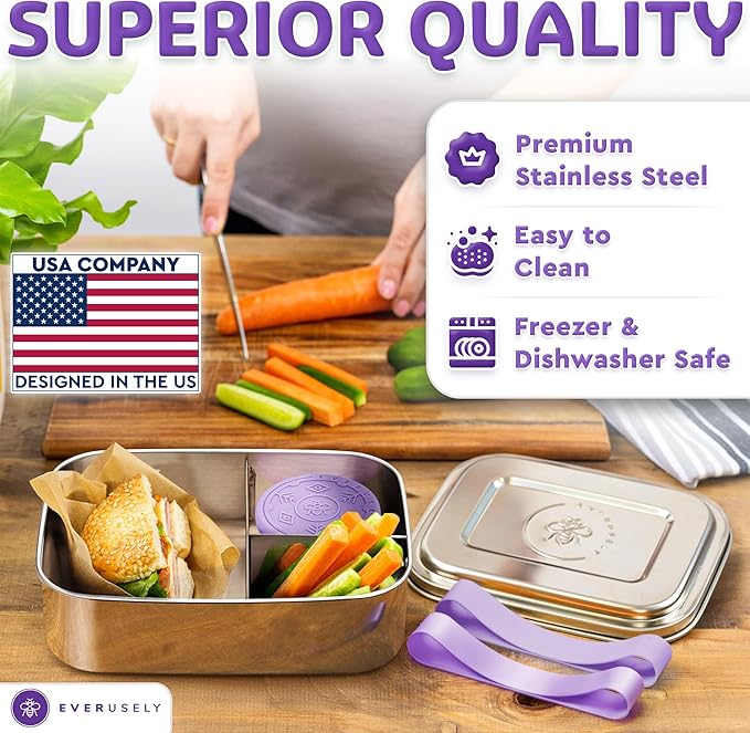 Everusely - Bento Box - Lavender, 60oz / 1.8 L - Stainless Steel Lunch Box with Leakproof Condiment Container - 3 Compartment Snack Organizer for On the Go Meals - Freezer & Dishwasher Safe