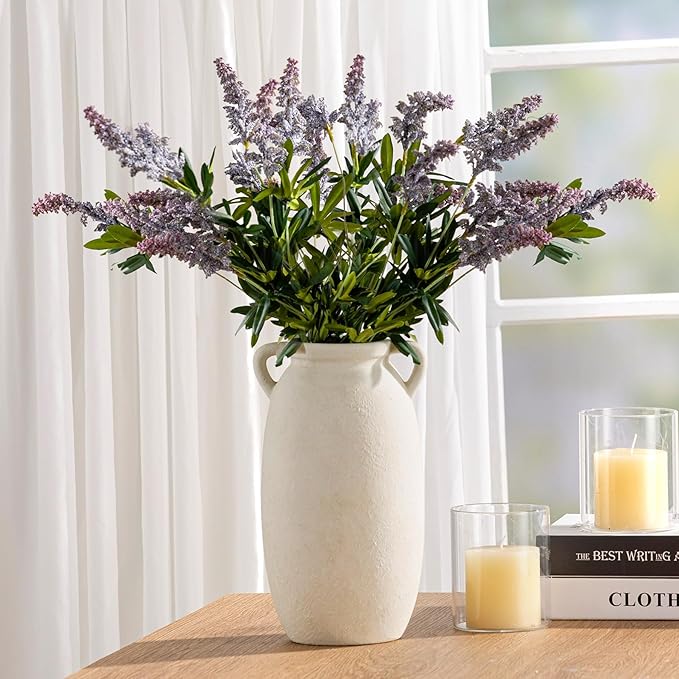 Ceramic Flower Vase 12 inch Farmhouse Rustic Vase Decorative Pottery Terracotta Tall Vases for Home Decor Table Mantle Fireplace Living Room Bathroom Wedding Centerpiece(Large-White)