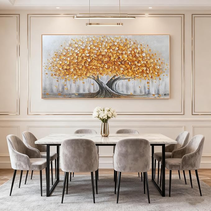 Gold Tree of Life Canvas Wall Art, Modern Abstract Textured Painting, Large Framed Panoramic Landscape Artwork for Living Room, Bedroom, Office, Home Decor 60"x30"