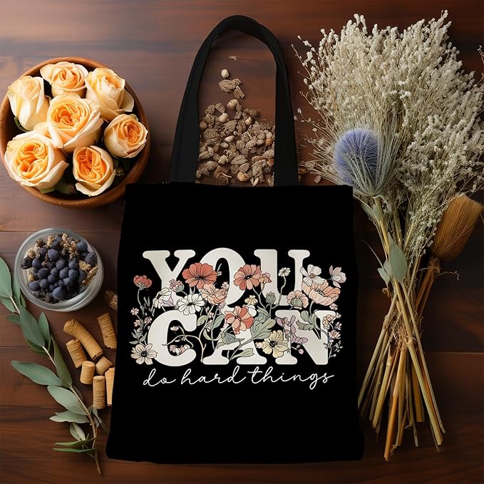 Dark Floral Inspirational Tote Bag, Motivational Gifts for Women Canvas Tote Bags, You Can Do Hard Things Positive Affirmation Reusable Grocery Shopping Bags