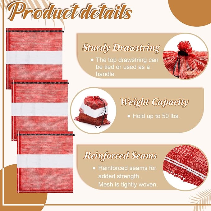 100 Pcs Onion Bags Reusable Mesh Produce Storage with Drawstring Firewood Bags Onion Potato Storage Sacks for Garden Vegetable Fruit Produce Packaging Supplies (22 x 24 Inch)