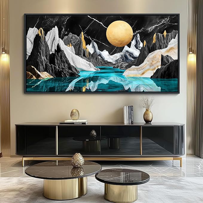 JEAWA Framed Canvas Wall Art - Large Abstract Painting Decor, Black White Textured Mountain Moon River Pictures, Modern Art Prints for Bedroom Living Room Bathroom Home Decoration, 29x58 IN