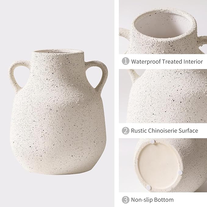 Vintage Farmhouse Flower Round Ceramic Vase with 2 Handles, Rustic Pampas Grass Vase, White Modern Decorative Flower Ceramic Vase for Home Decor, Table, Living Room Decoration, Office, 7.7 Inch