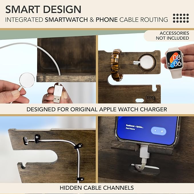 Nightstand Organizer with Drawer- Wood Phone Docking Station- Desk Organizer for Two Phones or Tablet, Watches, Headphone & Accessories- Unique Gifts for Men, Dad or Son (Rustic Gray)