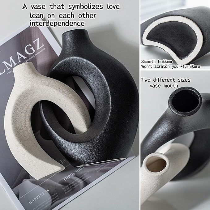 Black and Off-White Vases for Decor, Hollow Ceramic Vase Set of 2, Nordic Minimalist Aesthetic Snuggle Vases, for Table Centerpiece Dining Living Room Book Shelf Decoration (W 6.3" X H 8.4")