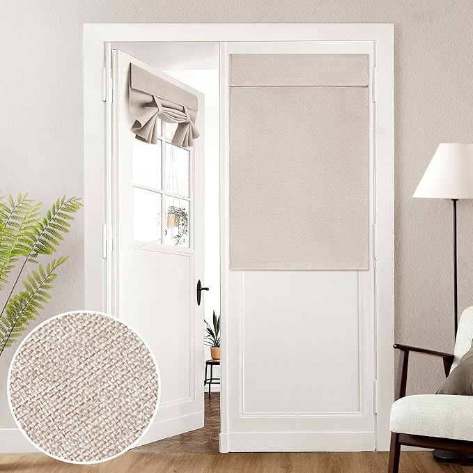 HOMEIDEAS 100% Natural Linen Blackout French Door Curtains, Privacy Door Window Curtains, 30 X 40 Inch Room Darkening Blinds, Thermal Insulated Shades for Bedroom, 1 Panel