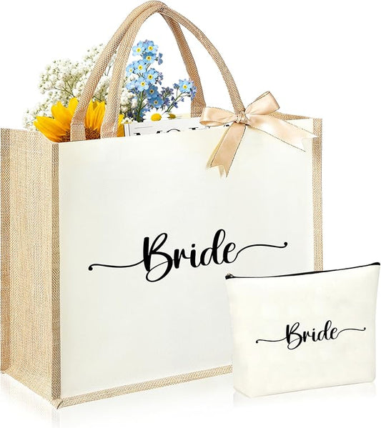 Initial Canvas Tote Bag & Makeup Bag for Women Teacher Bridesmaids，Personalized Present for Wedding, Birthday, Beach