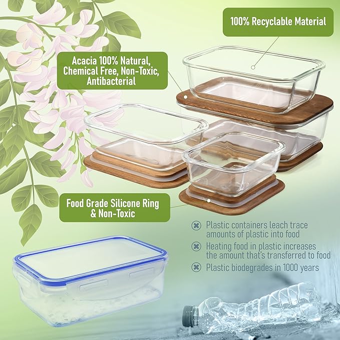 Glass Tupperware Set with Acacia Lids - 4 Stackable Meal Prep Containers. Durable heat resistant Inert Borosilicate Glass
