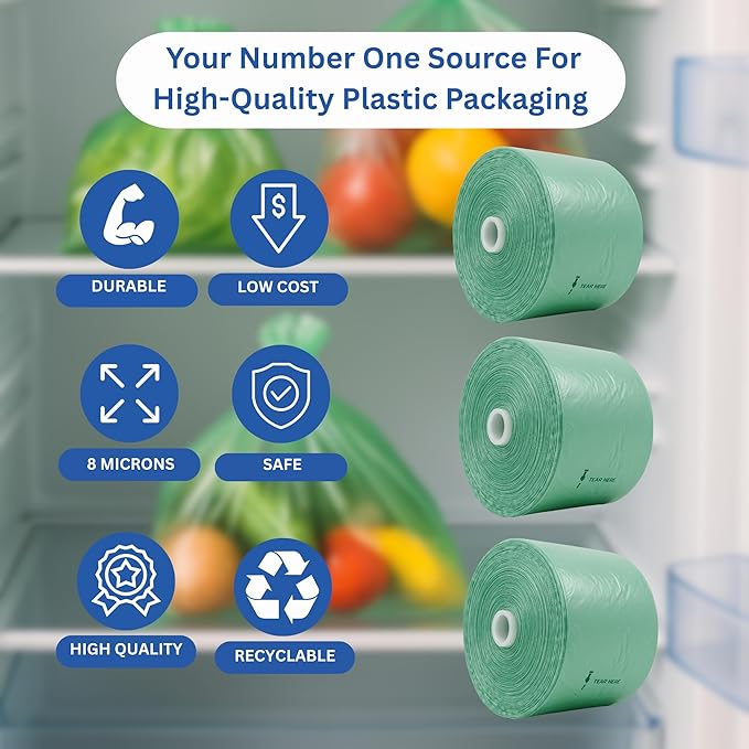 Narrow Profile Produce Bags Roll Green - 1425 Bags - 16"x28" – 3 Rolls - 8 Microns – for Grocery, Small Business, Produce Use, Food & Storage Needs, Garden Fresh, Narrow Profile, Kitchen Use