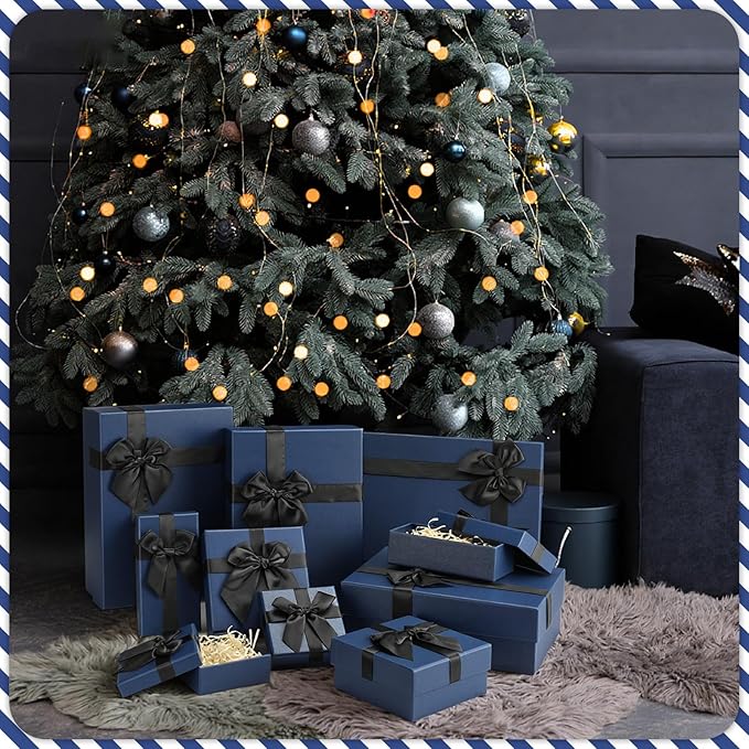 Tenceur 10 Pcs Gift Boxes with Lids Heavy Duty Nested Assorted Sizes Cardboard Gift Boxes for Presents with Ribbon for Xmas Holiday Present(Blue,5 Size)