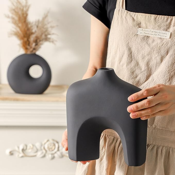 Ceramic Vase Set of 2, Modern Donut Vases for Minimalist Nordic Home Decor, Waterproof Round Vase, Decorative Centerpiece Vases for Living Room, Entryway, Bookshelf, Table Decor (Matte Black)