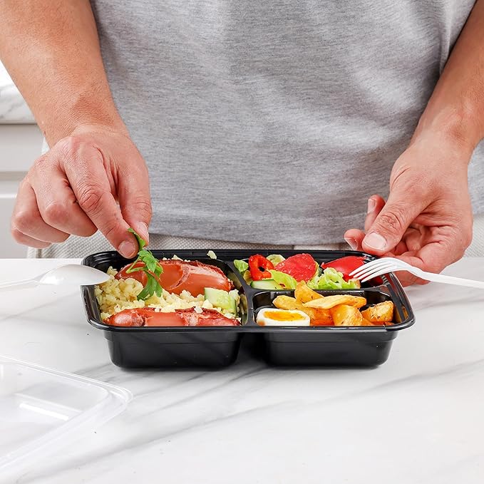 GUSTO [24 oz - 50 Count 3-Compartment Meal Prep Containers with Lids – Reusable, Microwaveable, Dishwasher & Freezer Safe, BPA-Free Food Storage Boxes for Portion Control (Formerly Comfy Package)