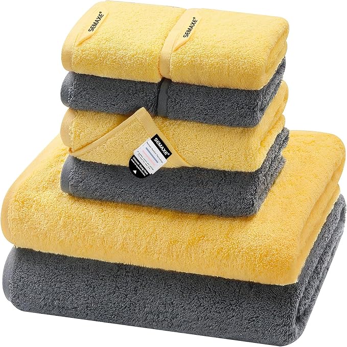 SEMAXE Bath Towel Set, 100% Cotton Bathroom Towels with Hanging Loops, Soft & Absorbent, 8 Piece Towel Set Include 2 Bath Towels, 2 Hand Towels, 4 Washcloths, Yellow & Grey