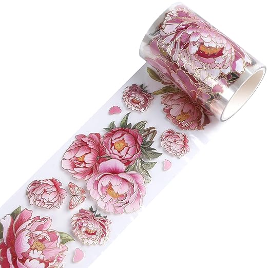 PET Tapes - Pink Flower Scrapbook Supplies, Transparent Floral Tapes for Junk Journal Planner
