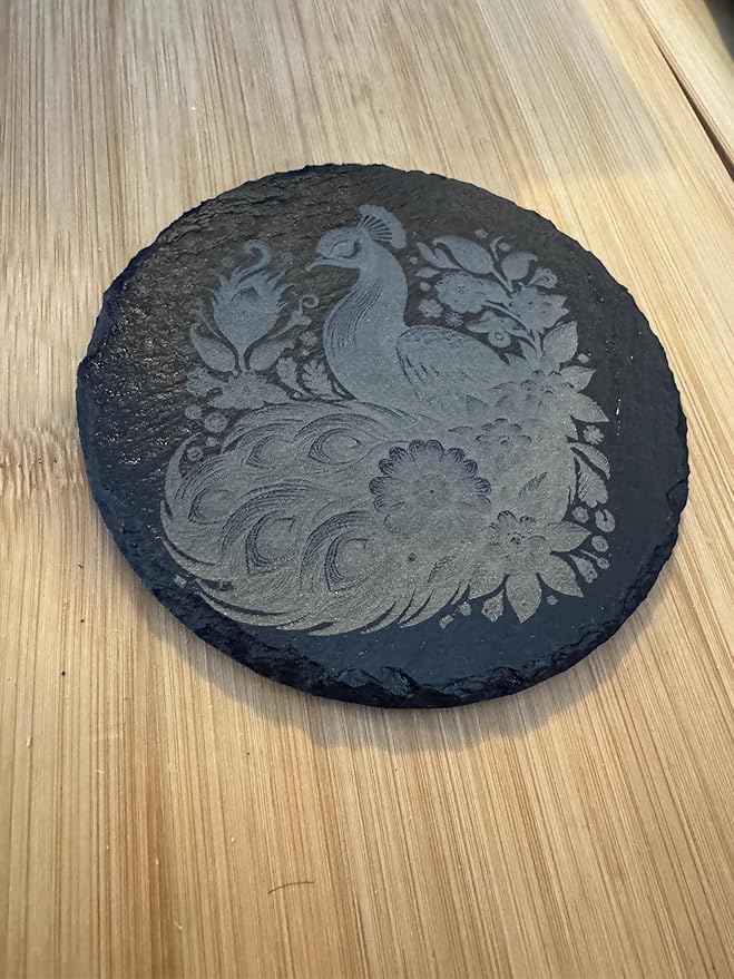 Handcrafted Natural Slate Coasters with Peacock Design, Black Round Stone Drink Coasters, Elegant Floral Pattern, Set of 4