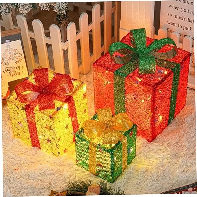 Christmas Lighted Gifting Boxes 3PCS/Set LED Warm White Christmas Decorations Colorful Box Battery Operated for Holiday, Indoor, Yard, Home, Lawn Decor, Decor