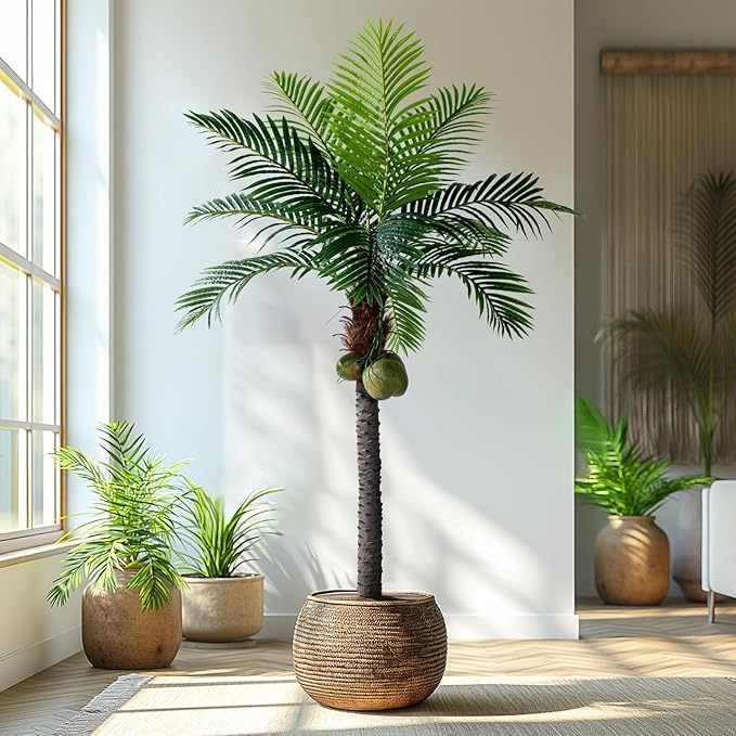 6FT Artificial Phoenix Palm Tree with Coconut Fruit Outdoor Indoor Decor Large Faux Coconut Silk Palm Tree Tropical Fake Tree Large Faux Sago Palm Plant for Home Yard Outside Patio Poolside