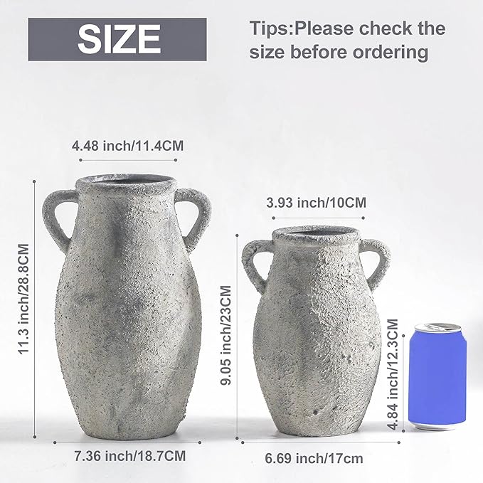 Ceramic Flowers Vase - Rustic Decorative Vase for Home Decor, 9 inch Vintage Terracotta Vase for Flowers, Pottery Vase with 2 Hanldes for Home Living Room Decor, Non-Slip Lyeec Vases