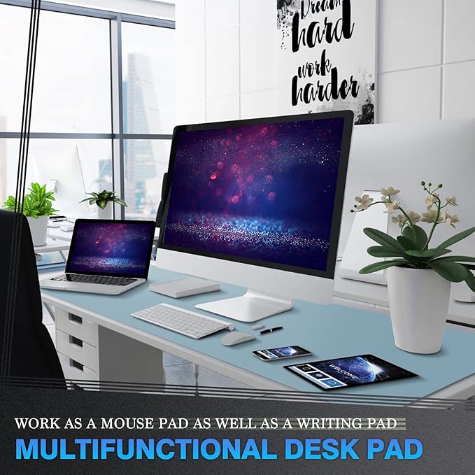 K KNODEL Large Office Leather Desk Mat, Mouse and Keyboard Pad, Computer and Laptop Mat, Desktop Protector and Cover, Writing Pad and Blotter (47.2"x23.6", Light Blue)