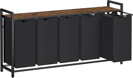 VASAGLE Laundry Hamper, Laundry Basket, Laundry Sorter with 5 Pull-Out and Removable Bags, Shelf, Metal Frame, 5 x 10.6 Gallons (40 L), 56.5 x 13 x 28.4 Inches, Ink Black and Rustic Brown UBLH501B01