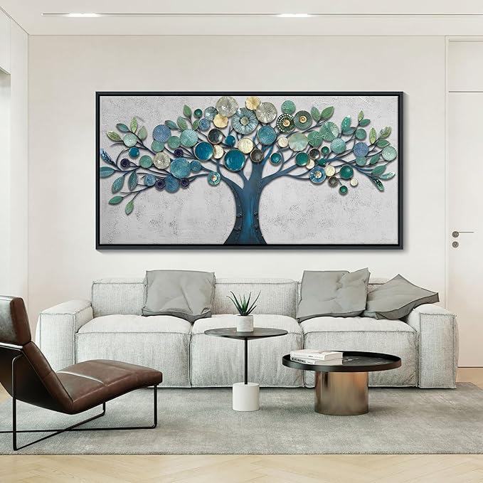 CHATYOUNG Wall Art Living Room - Framed Teal Blue Tree of Life Abstract Landscape Painting Modern Leaf Theme Print Artwork for Dining Room Bedroom Bathroom Office Home Decor 48"x24"