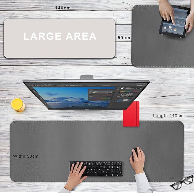 CENNBIE Leather Desk Mat, 55''x19.6'' Extra Large Desk Pad Blotter Protector, Extended Non-Slip Mouse Pad, Waterproof PU Leather Desk Mat on top of desks Large for Office and Home (Grey)