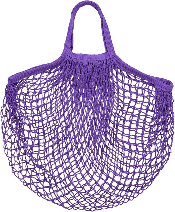 1-Pack Cotton Mesh Bag, Reusable Washable Mesh Net String Grocery Bags, Reusable Produce Bags with Handle, Net Tote Bag for Fruits/Vegetables Shopping [Purple, Short Handle]
