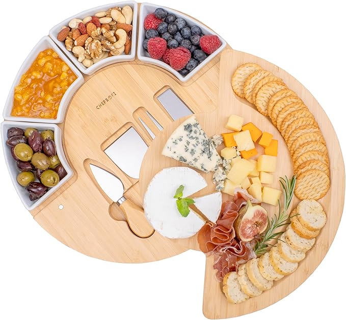 ChefSofi Charcuterie Board Set and Cheese Serving Platter - Made from Bamboo Wood - US Patented 13 inch Cheese Board and Knife Set for Entertaining and Serving - 4 Knives and 4 Bowls