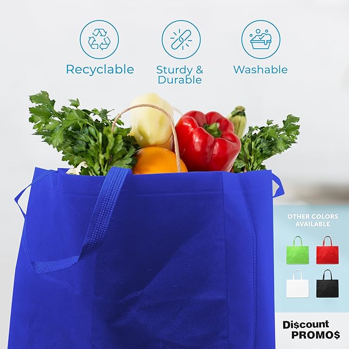 DISCOUNT PROMOS Jumbo Sized Tote Bags Set of 10, Bulk Pack - Reusable Grocery Bags, Shopping Bags, Promotional Item Totes for Women - Blue