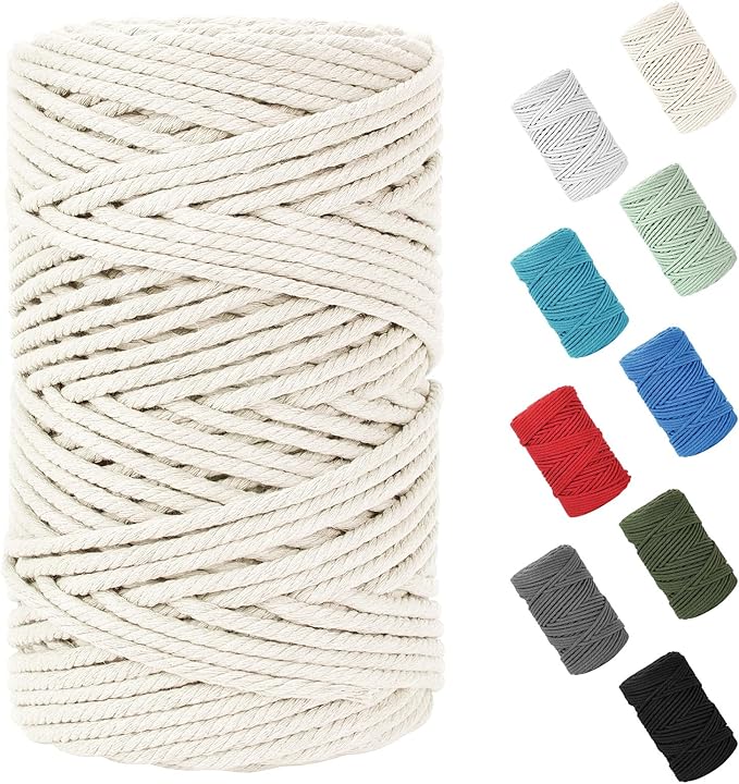 Macrame Cord 5mm x 109Yards (328Feet), Natural Cotton Macrame Rope - 4 Strands Twisted Macrame Cotton Cord for Wall Hanging, Plant Hangers, Crafts, Gift Wrapping and Wedding Decorations, Beige