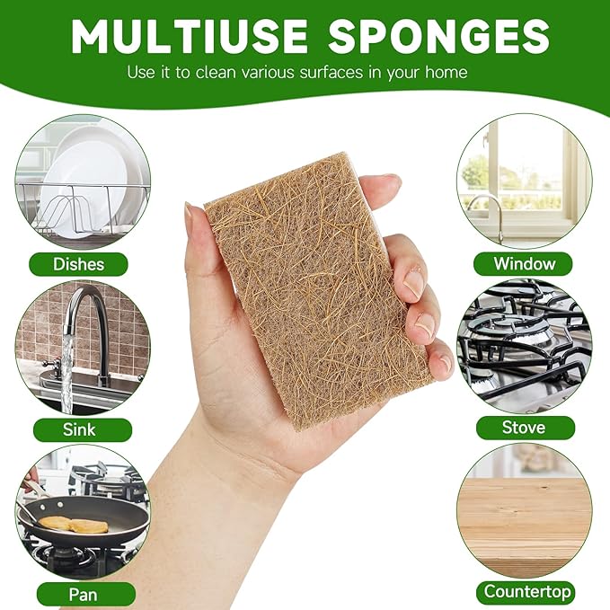 10 Pack Biodegradable Natural Sponges Kitchen - Compostable Cellulose and Coconut Walnut Scrubber Sponge - Eco Friendly Sponges for Dishes