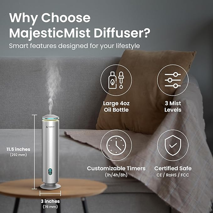 MajesticMist WiFi - Aluminum Waterless Essential Oil Diffuser with App Control, Scent Diffusers for Home, Room & Hotel, Quiet Aroma Diffuser 4oz, USB-C Powered with LED Display, 1000sq.ft