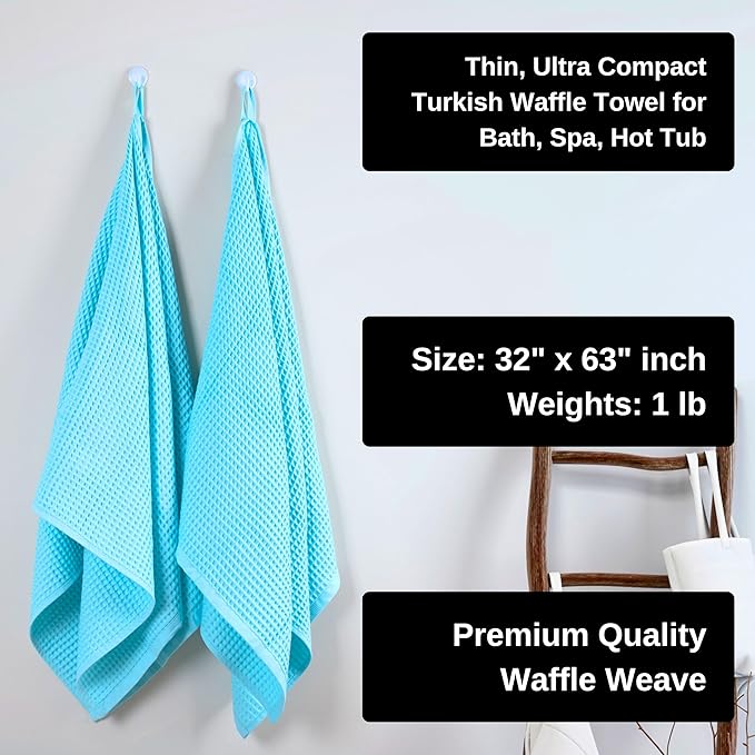 PÜSKÜL Premium Waffle Bath Towels Set of 2 - Organic 100% Turkish Cotton Bath Towel - Quick Dry, Absorbent, Light, Thin, 32x63 Large Waffle Towels (Aqua Turquoise Bath Towels - Pack of 2)