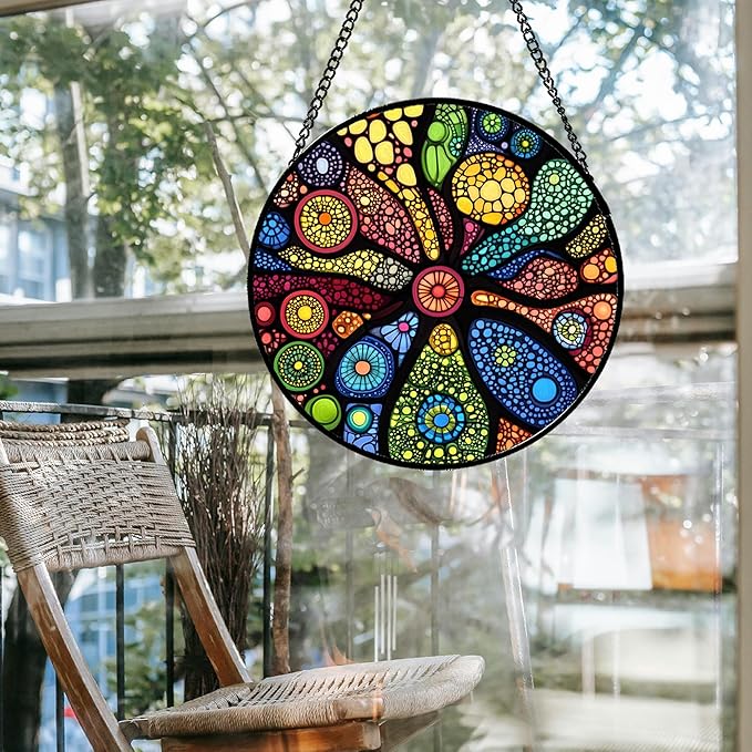 Stained Glass Window Hanging Colorful Abstract Plants 7.8" - Retro Boho Suncatcher Door Garden Sun Catcher Home Decor Birthday Christmas for Mom Men Woman Nana