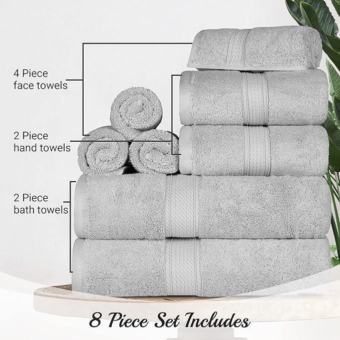 BLUENILEMILLS Madison Egyptian Cotton Towels, Towel Set for Bathroom, Shower, Hotel, Plush, 900 GSM, Highly Absorbent and Ultra-Soft Towels, Bath Essentials, 8 Piece Assorted Towel Set, Silver