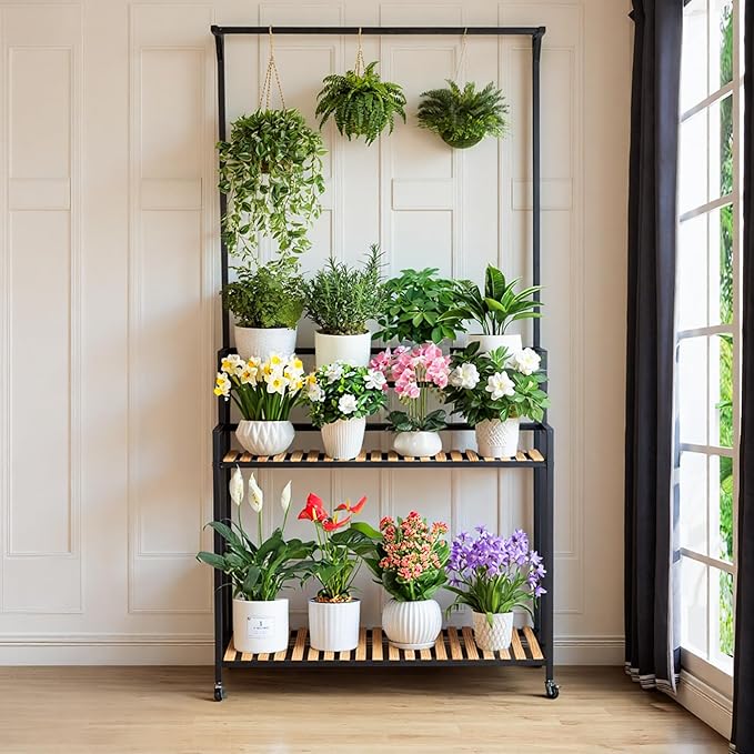 SEAdeerCH Multi-Functional Plant Stand ,Modern Rolling Plant Shelf Space-Conserve,Use Vintage Wood and Iron Frame, Robust Pine,Easy Assembly,for indoor/outdoor use in Living Spaces or Patio