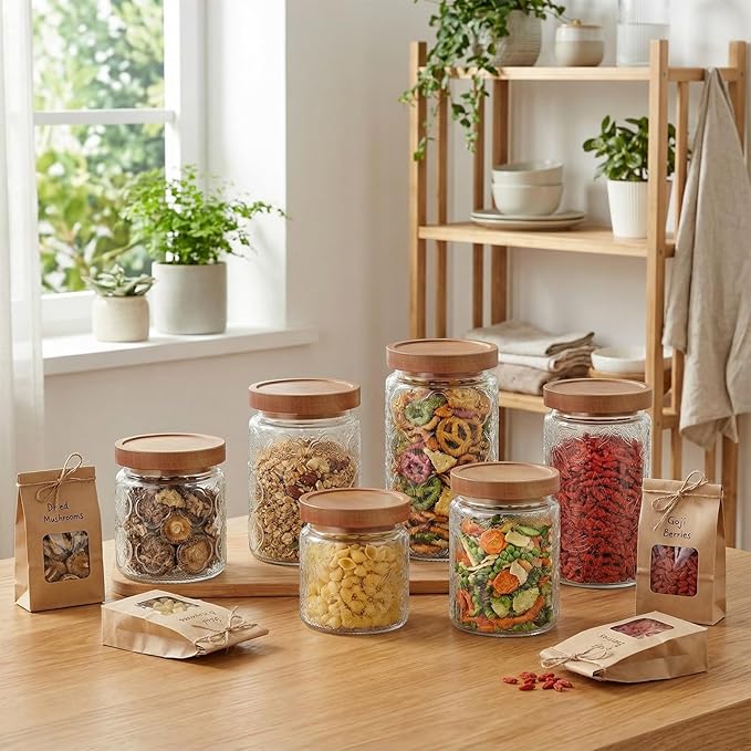 6 Pcs Vintage Glass Jar with Wooden Lid 17/24/34 oz Glass Airtight Food Storage Container with Lid Jar Begonia Sunflower Pattern for Kitchen Sugar Coffee Tea Beans Candy Cookie