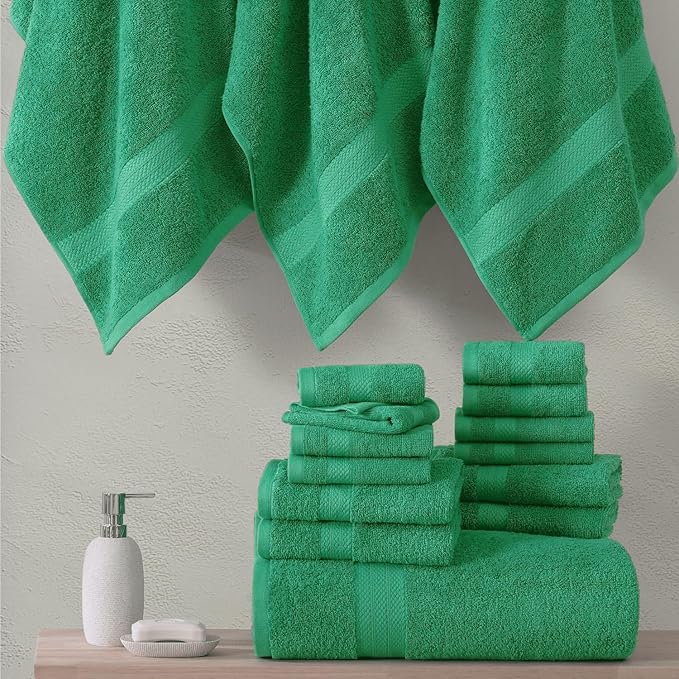 LANE LINEN 100% Cotton 16 Piece Bath Towel Set - Ring Spun, Quick Dry, Super Soft & Highly Absorbent - 4 Bath, 8 Washcloths, 4 Hand Towels for Bathroom - Hotel Quality Bathroom Towel Set - Emerald